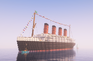 The four-funneled Oceanliner 'Germania' in the ocean, after the October refit. There is also the sailing yacht Algarve and the Fishing Boat Borussia visible