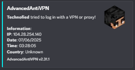 Discord mesage notifying that example player Technofied was flagged for trying to use a VPN or proxy to join the server.